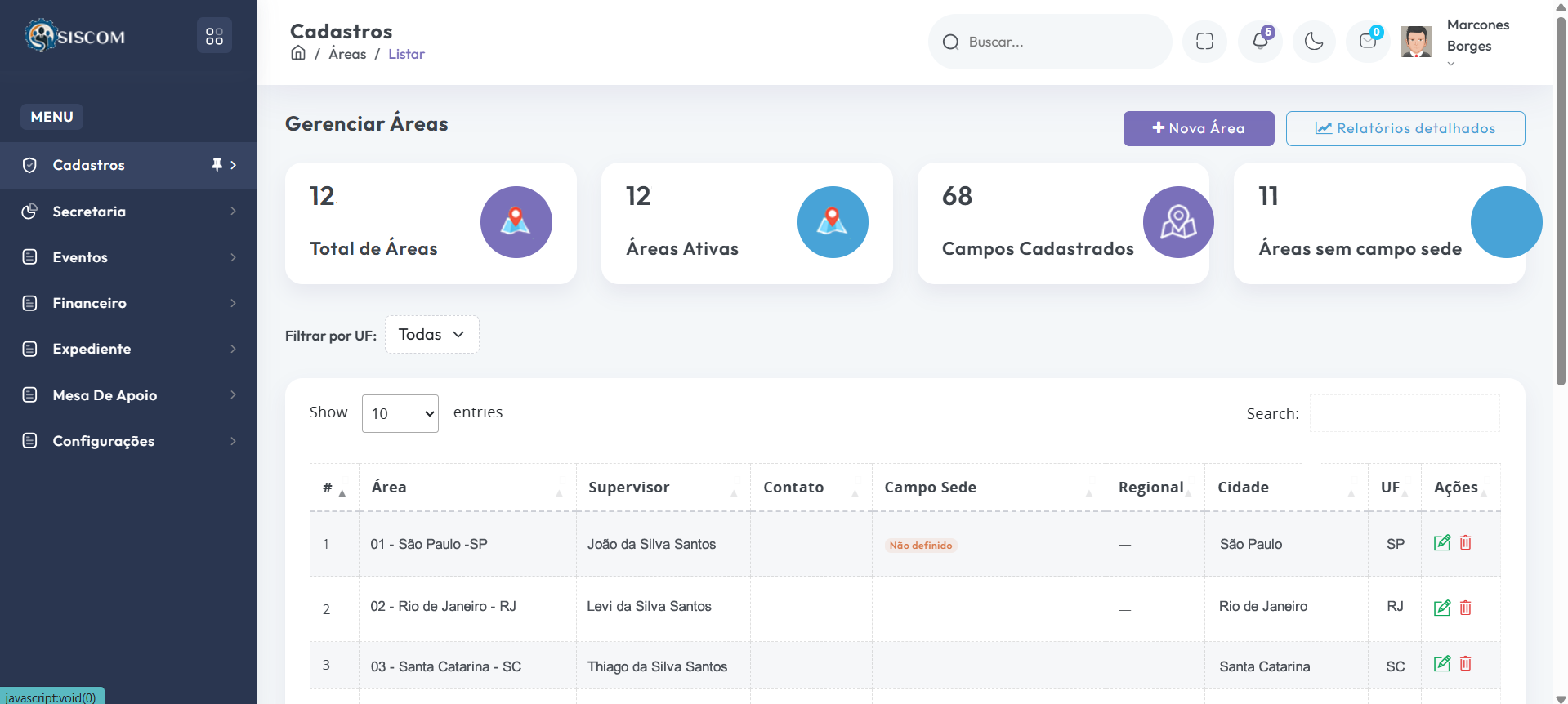 Tela do SISCONV para gestão de áreas e organização administrativa