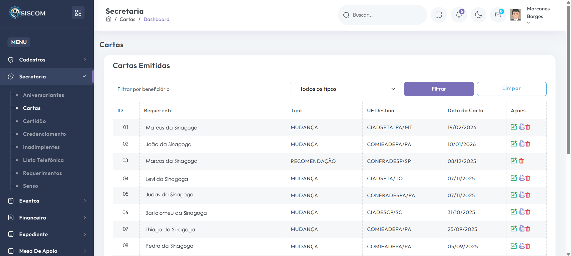 Tela do SISCONV com documentos e rotinas de secretaria